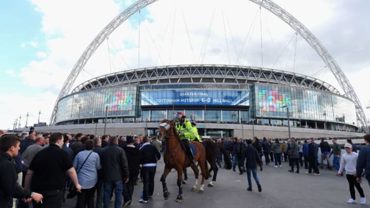 LONDON, ENGLAND - APRIL 22: Police patrol the stadium prior to The Emirates FA Cup Semi-Final between Chelsea and Tottenham Hotspur at Wembley Stadium on April 22, 2017 in London, England. (Photo by Mike Hewitt/Getty Images,)
