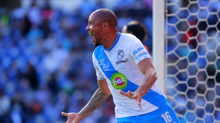 Puebla defender Juan Pablo Segovia reacts after scoring his team's second goal in minute 32. The Camoteros defeated Querétaro 2-0. (Photo by Cesar Gomez/Jam Media/Getty Images)