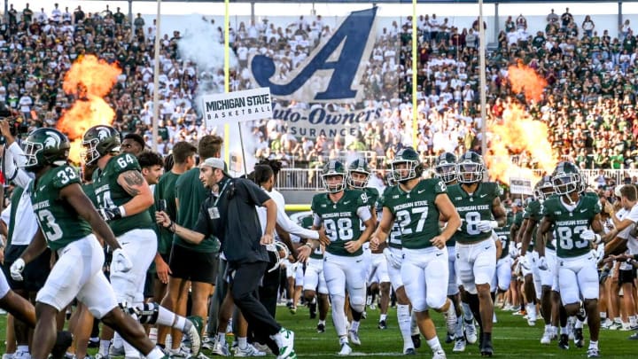Michigan State takes the field before the football game against Central Michigan on Friday, Sept. 1, 2023, at Spartan Stadium in East Lansing.