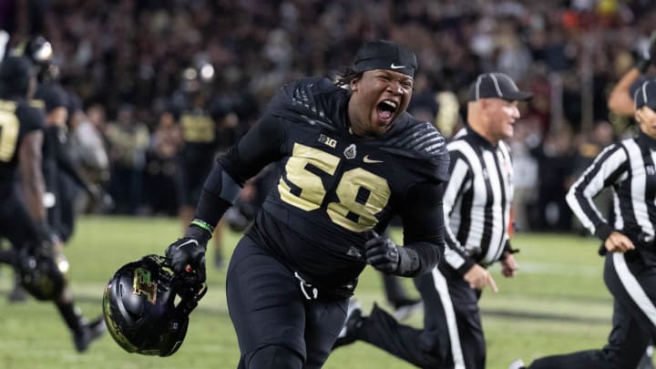 Nov 6, 2021; West Lafayette, Indiana, USA; Purdue Boilermakers defensive tackle Branson Deen (58) celebrates after defeating the Michigan State Spartans at Ross-Ade Stadium. Mandatory Credit: Trevor Ruszkowski-USA TODAY Sports