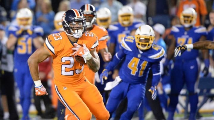 Oct 13, 2016; San Diego, CA, USA; Denver Broncos running back Devontae Booker (23) runs the ball during the second half of the game against the San Diego Chargers at Qualcomm Stadium. San Diego won 21-13. Mandatory Credit: Orlando Ramirez-USA TODAY Sports