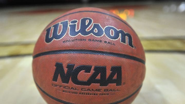 SALT LAKE CITY, UT - JANUARY 25: A detailed view of a NCAA game basketball on the court at the Jon M. Huntsman Center before the Washington Huskies take on the Utah Utes on January 25, 2015 in Salt Lake City, Utah. (Photo by Gene Sweeney Jr/Getty Images)