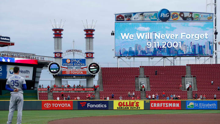 CINCINNATI, OH - SEPTEMBER 11: A moment of silence is held to mark the anniversary of September 11 prior to the game between the Los Angeles Dodgers and Cincinnati Reds at Great American Ball Park on September 11, 2018 in Cincinnati, Ohio. (Photo by Joe Robbins/Getty Images)