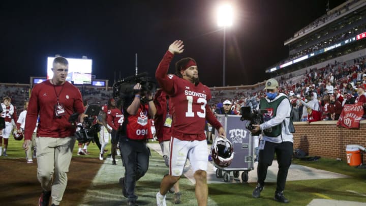 Oct 16, 2021; Norman, Oklahoma, USA; Oklahoma Sooners quarterback Caleb Williams (13) waves to fans after the game against the TCU Horned Frogs at Gaylord Family-Oklahoma Memorial Stadium. Mandatory Credit: Kevin Jairaj-USA TODAY Sports