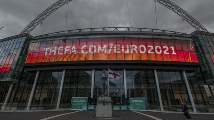 LONDON, ENGLAND - MARCH 20: A general view of Wembley stadium advertising the Euro's football tournament on March 20, 2020 in London, England. Coronavirus (Covid-19) has spread to at least 182 countries, claiming over 10,000 lives and infecting almost 250,000. There have now been 3,269 diagnosed cases in the UK and 144 deaths. (Photo by Justin Setterfield/Getty Images)