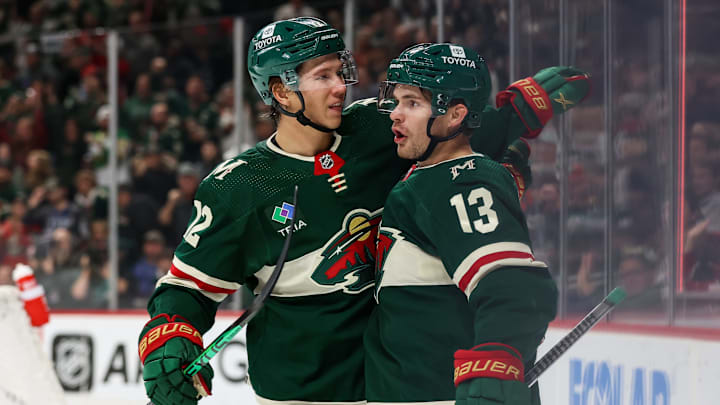 Minnesota Wild second-year forward Matt Boldy, right, is tied for first on the team in a plus/minus rating so far this season with a +2. (Matt Krohn-USA TODAY Sports)