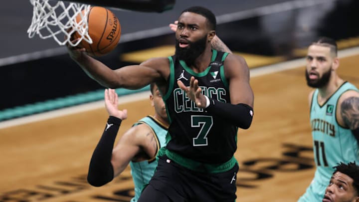 Apr 25, 2021; Charlotte, North Carolina, USA; Boston Celtics guard Jaylen Brown (7) drives to the basket against the Charlotte Hornets in the second half at Spectrum Center. The Charlotte Hornets won 125-104. Mandatory Credit: Nell Redmond-USA TODAY Sports