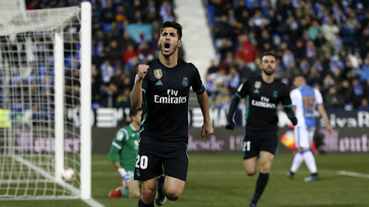 LEGANES, SPAIN – JANUARY 18: Marco Asensio of Real Madrid celebrates after scoring the opening goal during the Spanish Copa del Rey, Quarter Final, First Leg match between Leganes and Real Madrid at Estadio Municipal de Butarque on January 18, 2018 in Leganes, Spain. (Photo by Angel Martinez/Real Madrid via Getty Images)