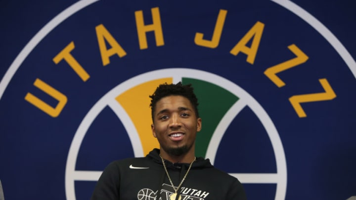 SALT LAKE CITY, UT - OCTOBER 09: Donovan Mitchell #45 of the Utah Jazz during the Utah Jazz Live tipping off the Utah Jazz web content series at West High School on October 09, 2018 in Salt Lake City, Utah. NOTE TO USER: User expressly acknowledges and agrees that, by downloading and or using this Photograph, User is consenting to the terms and conditions of the Getty Images License Agreement. Mandatory Copyright Notice: Copyright 2018 NBAE (Photo by Melissa Majchrzak/NBAE via Getty Images)