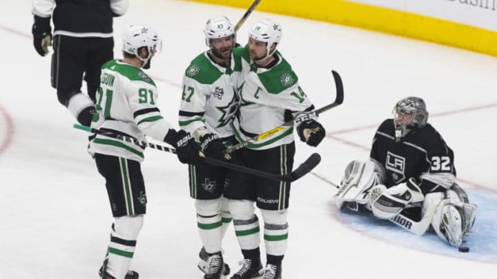 LOS ANGELES, CA - APRIL 07: Dallas Stars left wing Jamie Benn (14) celebrates his first period goal with Dallas Stars right wing Alexander Radulov (47) and Dallas Stars center Tyler Seguin (91)during an NHL regular season game against the Los Angeles Kings on April 7, 2018 at Staples Center in Los Angeles, CA. (Photo by Ric Tapia/Icon Sportswire via Getty Images)