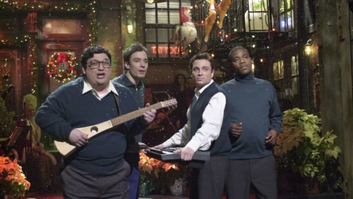 SATURDAY NIGHT LIVE -- Episode 8 -- Aired 12/16/2000 -- Pictured: (l-r) Horatio Sanz, Jimmy Fallon, Chris Kattan, Tracy Morgan during "Season's Greetings" skit on December 16, 2000 (Photo by Dana Edelson/NBC/NBCU Photo Bank via Getty Images)