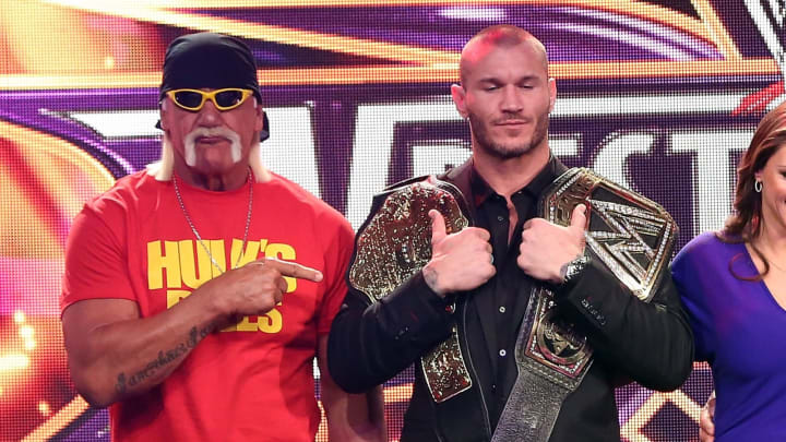 NEW YORK, NY – APRIL 01: Hulk Hogan and Randy Orton attend the WrestleMania 30 press conference at the Hard Rock Cafe New York on April 1, 2014 in New York City. (Photo by Taylor Hill/WireImage)