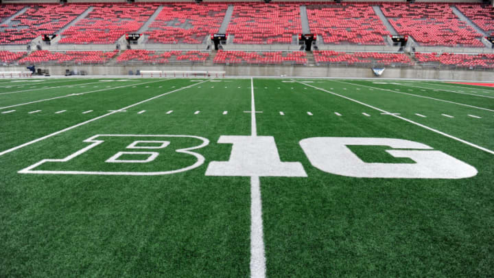 COLUMBUS, OH - OCTOBER 09: A view of the Big Ten logo during the Maryland Terrapins walk-through at Ohio Stadium on October 09, 2015 in Columbus, Ohio. (Photo by G Fiume/Maryland Terrapins/Getty Images)