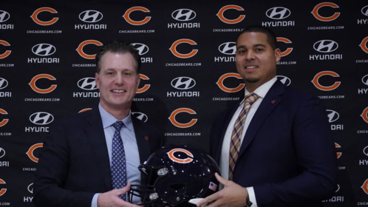 Jan 31, 2022; Lake Forest, IL, USA; Chicago Bears-Head Coach Matt Eberflus (left) and new Bears General Manager Ryan Poles (right) pose for photos during a Press Conference Mandatory Credit: David Banks-USA TODAY Sports