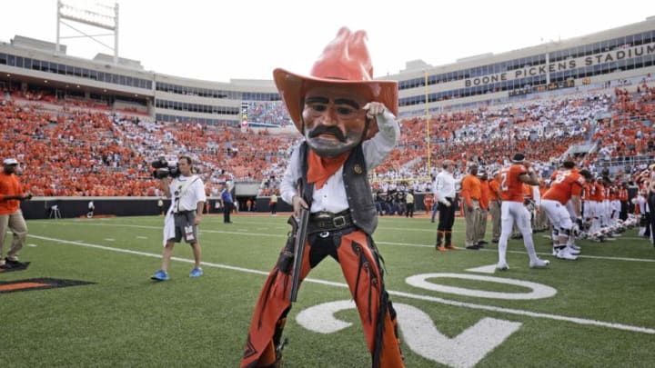 STILLWATER, OK - SEPTEMBER 15: Oklahoma State Cowboys mascot Pistol Pete gestures after the game against the Boise State Broncos at Boone Pickens Stadium on September 15, 2018 in Stillwater, Oklahoma. The Cowboys defeated the Broncos 44-21. (Photo by Brett Deering/Getty Images)