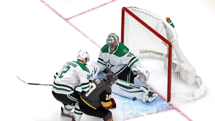 Anton Khudobin #35 of the Dallas Stars makes the save against Reilly Smith #19 of the Vegas Golden Knights during the third period in Game One of the Western Conference Final. (Photo by Bruce Bennett/Getty Images)