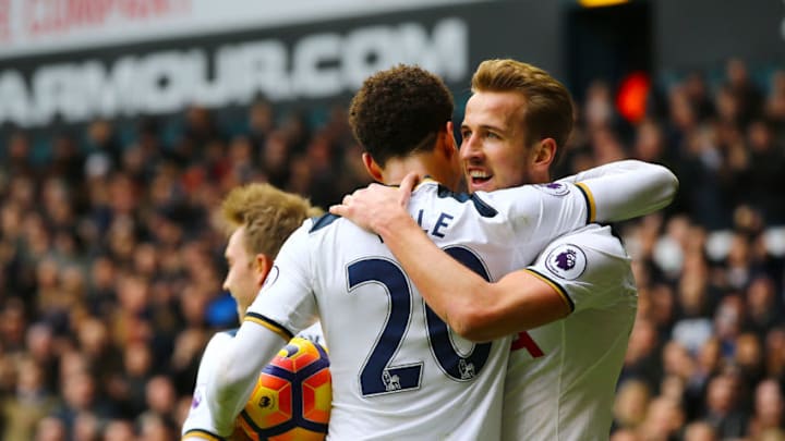 February 26th 2017, White Hart Lane, Tottenham, London, England; Premier League football, Tottenham Hotspur versus Stoke City; Harry Kane of Tottenham beats Stoke Goalkeeper Lee Grant, and celebrates with Dele Alli, 3-0 Tottenham (Photo by Mark Kerton/Action Plus via Getty Images)