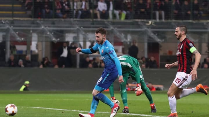 MILAN, ITALY - MARCH 08: Aaron Ramsey of Arsenal scores during the UEFA Europa League Round of 16 match between AC Milan and Arsenal at the San Siro on March 8, 2018 in Milan, Italy. (Photo by Catherine Ivill/Getty Images)