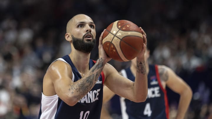 Evan Fournier of France shoots the ball during the FIBA EuroBasket 2022 final match between Spain v France at EuroBasket Arena Berlin on September 18, 2022, in Berlin, Germany. (Photo by Maja Hitij/Getty Images)
