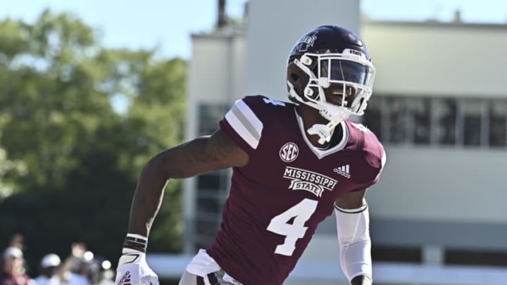 Oct 1, 2022; Starkville, Mississippi, USA; Mississippi State Bulldogs wide receiver Caleb Ducking (4) reacts after a touchdown against the Texas A&M Aggies during the second quarter at Davis Wade Stadium at Scott Field. Mandatory Credit: Matt Bush-USA TODAY Sports