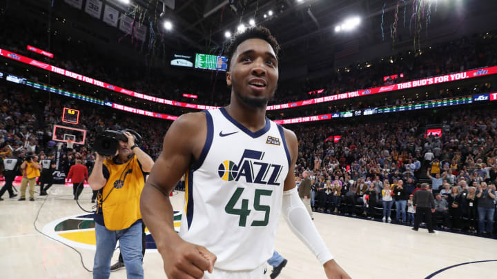 SALT LAKE CITY, UT – NOVEMBER 8: Donovan Mitchell #45 of the Utah Jazz smiles after a game against the Milwaukee Bucks on November 8, 2019 at Vivint Smart Home Arena in Salt Lake City, Utah. NOTE TO USER: User expressly acknowledges and agrees that, by downloading and/or using this Photograph, user is consenting to the terms and conditions of the Getty Images License Agreement. Mandatory Copyright Notice: Copyright 2019 NBAE (Photo by Melissa Majchrzak/NBAE via Getty Images)