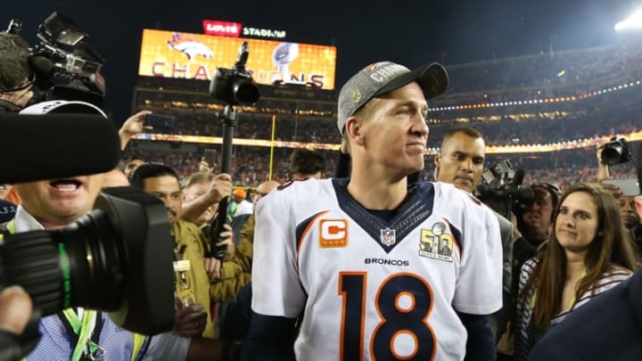 Feb 7, 2016; Santa Clara, CA, USA; Denver Broncos quarterback Peyton Manning (18) reacts after beating the Carolina Panthers in Super Bowl 50 at Levi