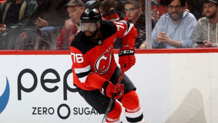 NEWARK, NEW JERSEY - FEBRUARY 11: P.K. Subban #76 of the New Jersey Devils takes the puck in the third period against the Florida Panthers at Prudential Center on February 11, 2020 in Newark, New Jersey.The Florida Panthers defeated the New Jersey Devils 5-3. (Photo by Elsa/Getty Images)