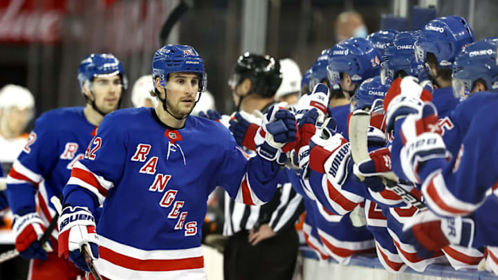 NEW YORK, NEW YORK - APRIL 22: Brendan Smith #42 of the New York Rangers celebrates his goal in the first period against the Philadelphia Flyers at Madison Square Garden on April 22, 2021 in New York City.The Philadelphia Flyers defeated the New York Rangers 3-2. (Photo by Elsa/Getty Images)