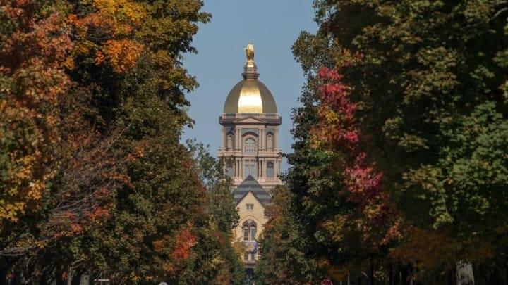 Oct 11, 2014; South Bend, IN, USA; A general view of the golden dome at the University of Notre Dame before the game between the Notre Dame Fighting Irish and the North Carolina Tar Heels at Notre Dame Stadium. Mandatory Credit: Matt Cashore-USA TODAY Sports