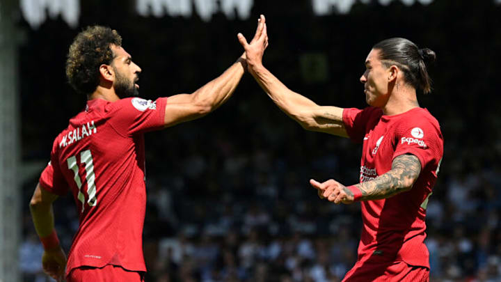 Liverpool's Darwin Núñez and Mohamed Salah (Photo by JUSTIN TALLIS/AFP via Getty Images)