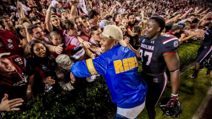 Oct 29, 2016; Columbia, SC, USA; Former South Carolina Gamecock Pharoh Cooper, now with the Los Angeles Rams, and South Carolina Gamecocks tight end Kiel Pollard (87) celebrate with fans following their 24-21win over the Tennessee Volunteers at Williams-Brice Stadium. Mandatory Credit: Jeff Blake-USA TODAY Sports