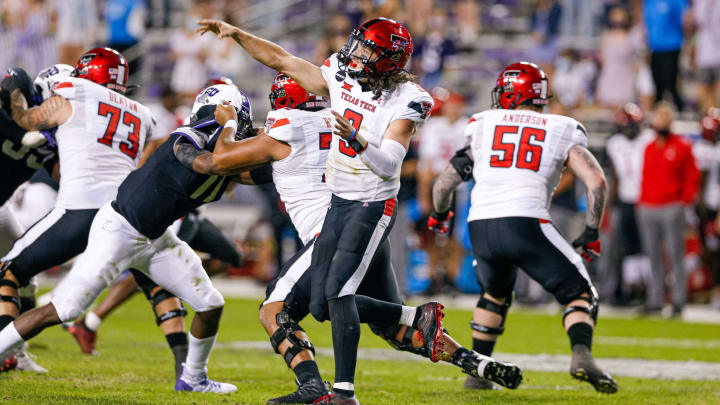 Nov 7, 2020; Fort Worth, Texas, USA; Texas Tech Red Raiders quarterback Henry Colombi (3) throws a pass against the TCU Horned Frogs during the fourth quarter at Amon G. Carter Stadium. Mandatory Credit: Andrew Dieb-USA TODAY Sports