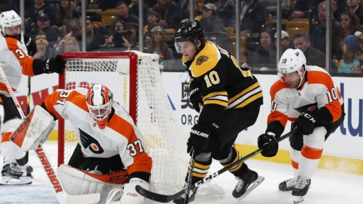 BOSTON, MA - OCTOBER 25: Boston Bruins right wing Anders Bjork (10) triers to shoot on Philadelphia Flyers goalie Brian Elliott (37) during a game between the Boston Bruins and the Philadelphia Flyers on October 25, 2018, at TD Garden in Boston, Massachusetts. The Bruins defeated the Flyers 3-0. (Photo by Fred Kfoury III/Icon Sportswire via Getty Images)