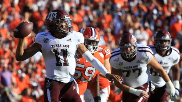 CLEMSON, SOUTH CAROLINA - SEPTEMBER 07: Kellen Mond #11 of the Texas A&M Aggies drops back to pass against the Clemson Tigers during their game at Memorial Stadium on September 07, 2019 in Clemson, South Carolina. (Photo by Streeter Lecka/Getty Images)
