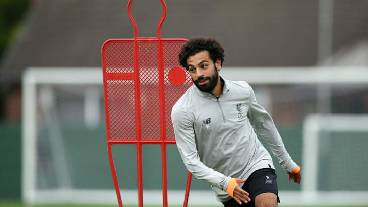 LIVERPOOL, ENGLAND - AUGUST 22: Mohamed Salah takes part in the Liverpool Training Session at Melwood on August 22, 2017 in Liverpool, England. The second leg of the UEFA Champions League qualifier between Liverpool and Hoffenheim will take place on August 23rd. (Photo by Jan Kruger/Getty Images)