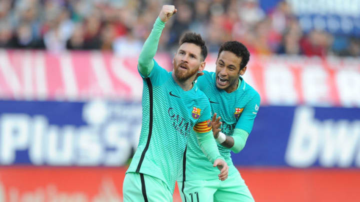 MADRID, SPAIN - FEBRUARY 26: Lionel Messi of FC Barcelona celebratea with Neymar after scoring his 2nd goal during the La Liga match between Club Atletico de Madrid and FC Barcelona at Vicente Calderon Stadium on February 26, 2017 in Madrid, Spain. (Photo by Denis Doyle/Getty Images)