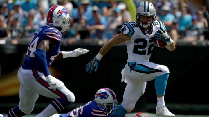 CHARLOTTE, NC - SEPTEMBER 17: Christian McCaffrey #22 of the Carolina Panthers rushes the ball against the Buffalo Bills during their game at Bank of America Stadium on September 17, 2017 in Charlotte, North Carolina. (Photo by Streeter Lecka/Getty Images)