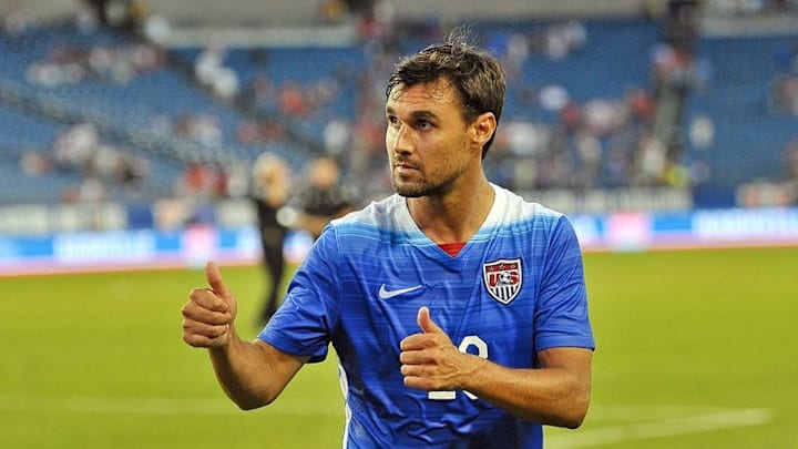 Jul 3, 2015; Nashville, TN, USA; USA forward Chris Wondolowski (18) gives a thumbs up to fans as he leaves the field following the game against Guatemala at Nissan Stadium. USA won 4-0. Mandatory Credit: Jim Brown-USA TODAY Sports