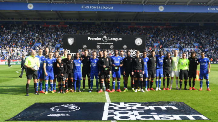 LEICESTER, ENGLAND - MARCH 30: The Leicester City and Bournemouth players stand with the match officials in protest against racism prior to the Premier League match between Leicester City and AFC Bournemouth at The King Power Stadium on March 30, 2019 in Leicester, United Kingdom. (Photo by Michael Regan/Getty Images)