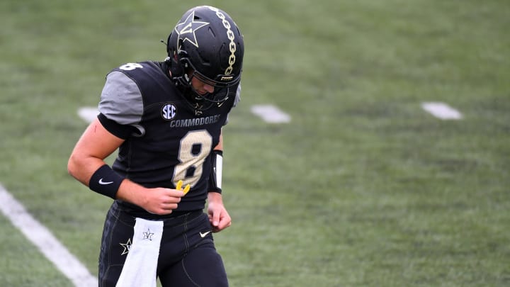 Oct 10, 2020; Nashville, Tennessee, USA; Vanderbilt Commodores quarterback Ken Seals (8) runs off the field after failing to convert on fourth down during the first half against the South Carolina Gamecocks at Vanderbilt Stadium. Mandatory Credit: Christopher Hanewinckel-USA TODAY Sports