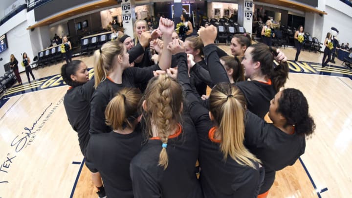WASHINGTON, DC - NOVEMBER 10: The Princeton Tigers huddle before a women's basketball game against the George Washington Colonials at the Smith Center on November 102019 in Washington, DC. (Photo by Mitchell Layton/Getty Images)