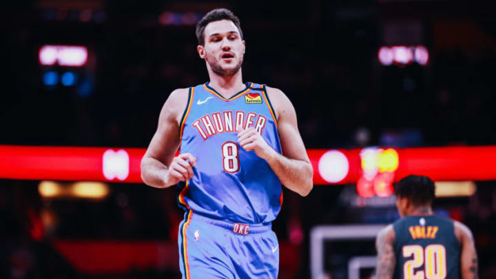 Danilo Gallinari #8 of the Oklahoma City Thunder on the court between plays against the Orlando Magic in the first quarter at Amway Center. (Photo by Harry Aaron/Getty Images)