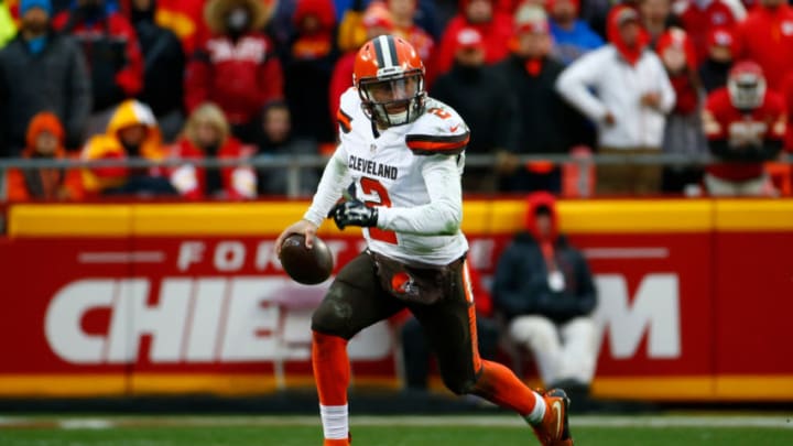 KANSAS CITY, MO - DECEMBER 27: Johnny Manziel #2 of the Cleveland Browns rolls out of the pocket at Arrowhead Stadium during the fourth quarter of the game against the Kansas City Chiefs on December 27, 2015 in Kansas City, Missouri. (Photo by Jamie Squire/Getty Images)