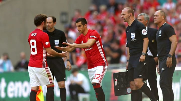 LONDON, ENGLAND - AUGUST 07: Juan Mata of Manchester United is subbed off for Henrikh Mkhitaryan of Manchester United during The FA Community Shield match between Leicester City and Manchester United at Wembley Stadium on August 7, 2016 in London, England. (Photo by Michael Steele/Getty Images)