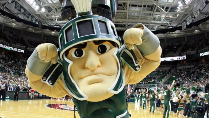Jan 20, 2016; East Lansing, MI, USA; Michigan State Spartans mascot performs during the 1st half of a game at Jack Breslin Student Events Center. Mandatory Credit: Mike Carter-USA TODAY Sports