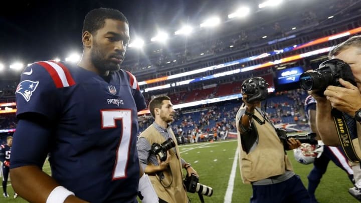 Sep 22, 2016; Foxborough, MA, USA; New England Patriots quarterback Jacoby Brissett (7) leaves the field after their 27-0 win over the Houston Texans at Gillette Stadium. Mandatory Credit: Winslow Townson-USA TODAY Sports