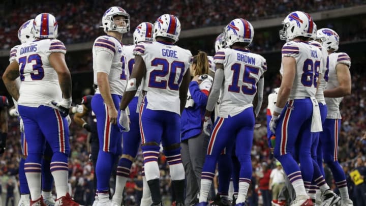 HOUSTON, TEXAS – JANUARY 04: Josh Allen #17 of the Buffalo Bills looks to the scoreboard during a time out in the first half of the AFC Wild Card Playoff game against the Houston Texans at NRG Stadium on January 04, 2020 in Houston, Texas. (Photo by Tim Warner/Getty Images)