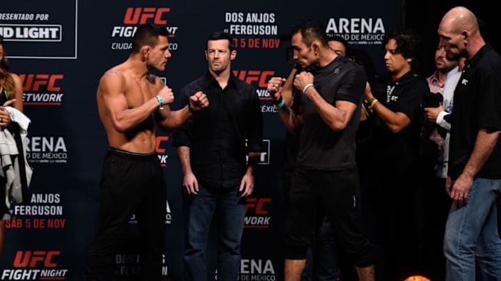 MEXICO CITY, MEXICO - NOVEMBER 04: (L-R) Rafael dos Anjos of Brazil and Tony Ferguson of the United States face off during the UFC weigh-in at the Arena Ciudad de Mexico on November 4, 2016 in Mexico City, Mexico. (Photo by Jeff Bottari/Zuffa LLC/Zuffa LLC via Getty Images)