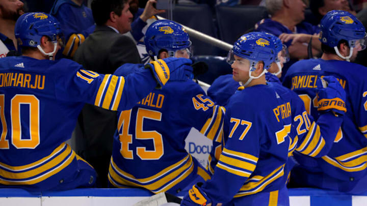 Dec 1, 2022; Buffalo, New York, USA; Buffalo Sabres right wing JJ Peterka (77) celebrates his goal with teammates during the first period against the Colorado Avalanche at KeyBank Center. Mandatory Credit: Timothy T. Ludwig-USA TODAY Sports
