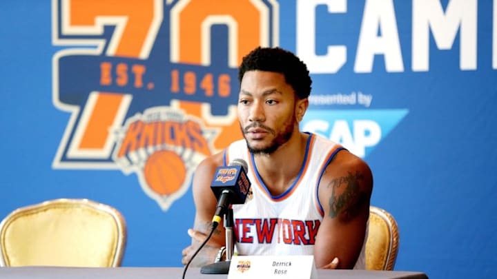 Sep 26, 2016; White Plains, NY, USA; New York Knicks point guard Derrick Rose addresses the media during the New York Knicks Media Day at Ritz-Carlton. Mandatory Credit: Andy Marlin-USA TODAY Sports